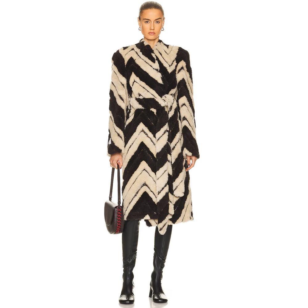 Stella‎ McCartney Metallic Chevron Faux Fur Long Coat Women Size 40 EXCELLENT